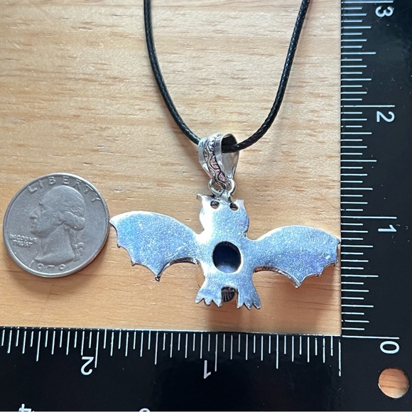 New Lapis Lazuli Stone Halloween Bat Silver Overlay Pendant Necklace with Cord - Picture 4 of 6